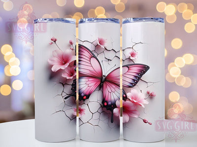 3D Butterfly Pink Flower Tumbler, Pink Flower Tumbler, 20oz Sublimation Wrap, Floral Butterfly Tumbler, Nature Aesthetic Tumbler, Seamless Garden Wrap, Spring Butterfly Design Sublimation SvggirlplusArt 
