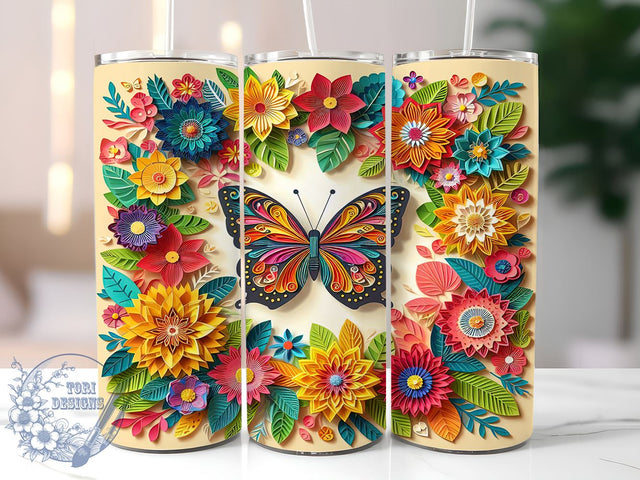 3D Butterfly Quilling 20oz Skinny Tumbler, Flower Butterfly Tumbler Png, Straight & Tapered Tumbler Wrap, Instant Digital Download Sublimation ToriDesigns 