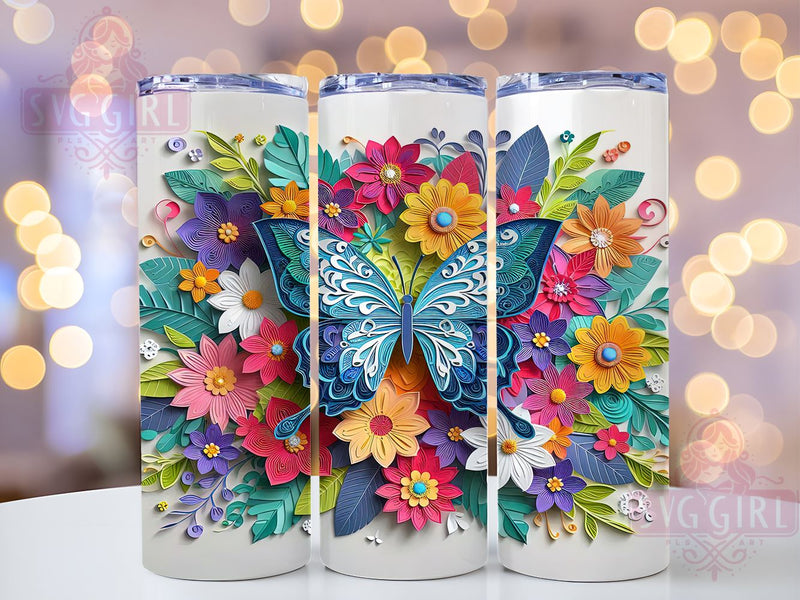 3D Butterfly Quilling 20oz Tumbler Wrap Sublimation Design, Straight Tapered Tumbler Wrap, Flower Butterfly Tumbler Png, Instant Digital Download Sublimation SvggirlplusArt 