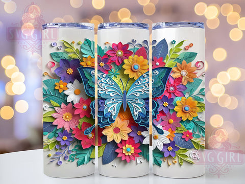 3D Butterfly Quilling 20oz Tumbler Wrap Sublimation Design, Straight Tapered Tumbler Wrap, Flower Butterfly Tumbler Png, Instant Digital Download Sublimation SvggirlplusArt 