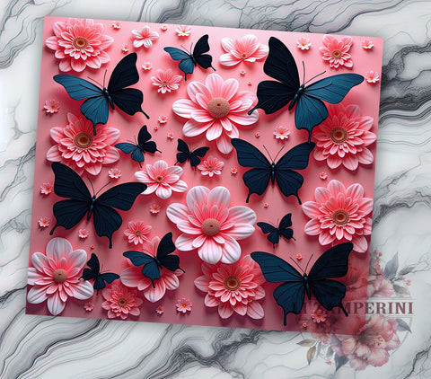 3D Butterfly Tumbler Wrap, Pink and Black Butterflies Design, 20oz Sublimation Wrap, Digital Download Tumbler, Butterfly Art, Floral Tumbler Design, Unique Tumbler Wrap Sublimation Li Zamperini 