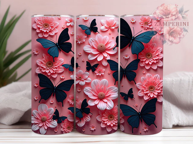 3D Butterfly Tumbler Wrap, Pink and Black Butterflies Design, 20oz Sublimation Wrap, Digital Download Tumbler, Butterfly Art, Floral Tumbler Design, Unique Tumbler Wrap Sublimation Li Zamperini 