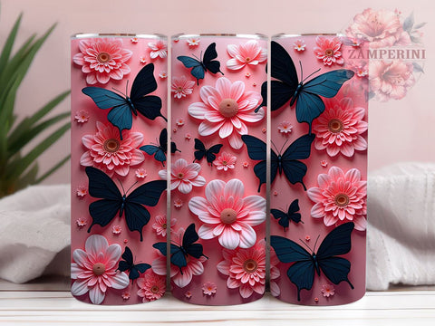3D Butterfly Tumbler Wrap, Pink and Black Butterflies Design, 20oz Sublimation Wrap, Digital Download Tumbler, Butterfly Art, Floral Tumbler Design, Unique Tumbler Wrap Sublimation Li Zamperini 
