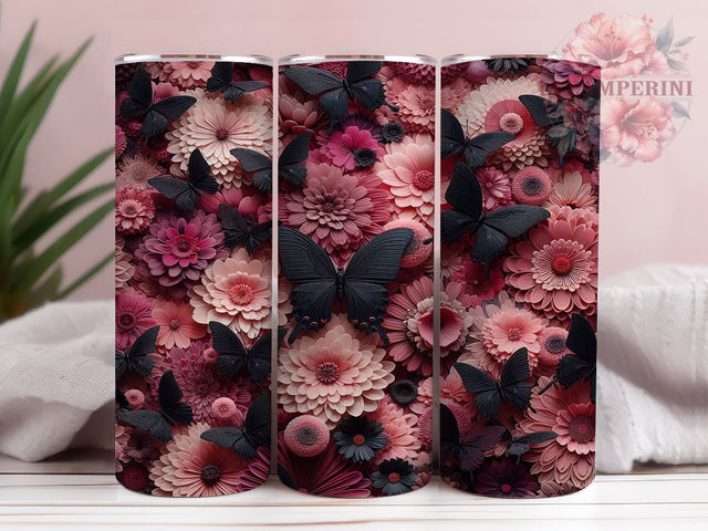 3D Butterfly Tumbler Wrap, Pink and Black Butterflies Design, 20oz Sublimation Wrap, Digital Download Tumbler, Butterfly Art, Floral Tumbler Design, Unique Tumbler Wrap Sublimation Li Zamperini 
