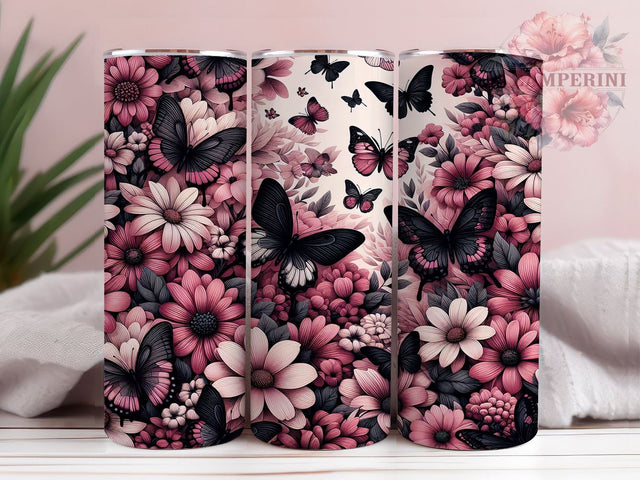 3D Butterfly Tumbler Wrap, Pink and Black Butterflies Design, 20oz Sublimation Wrap, Digital Download Tumbler, Butterfly Art, Floral Tumbler Design, Unique Tumbler Wrap Sublimation Li Zamperini 