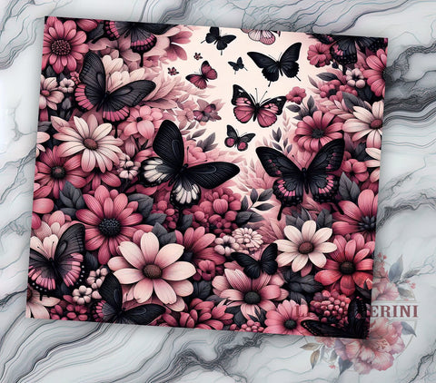3D Butterfly Tumbler Wrap, Pink and Black Butterflies Design, 20oz Sublimation Wrap, Digital Download Tumbler, Butterfly Art, Floral Tumbler Design, Unique Tumbler Wrap Sublimation Li Zamperini 