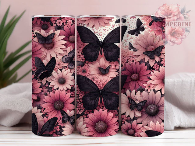 3D Butterfly Tumbler Wrap, Pink and Black Butterflies Design, 20oz Sublimation Wrap, Digital Download Tumbler, Butterfly Art, Floral Tumbler Design, Unique Tumbler Wrap Sublimation Li Zamperini 