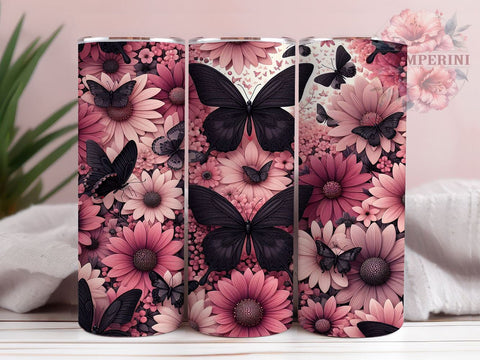 3D Butterfly Tumbler Wrap, Pink and Black Butterflies Design, 20oz Sublimation Wrap, Digital Download Tumbler, Butterfly Art, Floral Tumbler Design, Unique Tumbler Wrap Sublimation Li Zamperini 