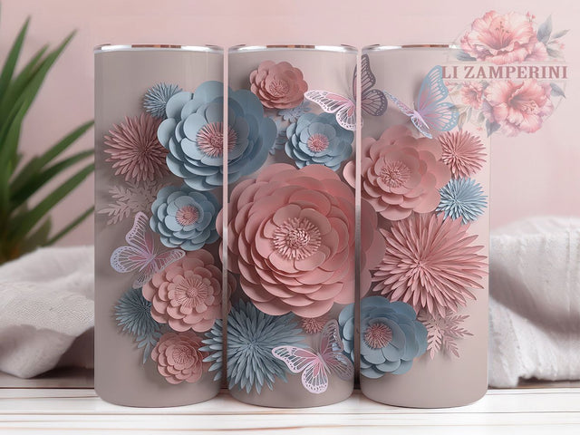 3D Butterfly Wildflower Tumbler, Pink Blue Wildflower Tumbler, Stylish 20oz Wrap, Sublimation Design, Trendy Gift Idea, 3D Floral Wrap, Botanical Butterfly Tumbler Sublimation Li Zamperini 