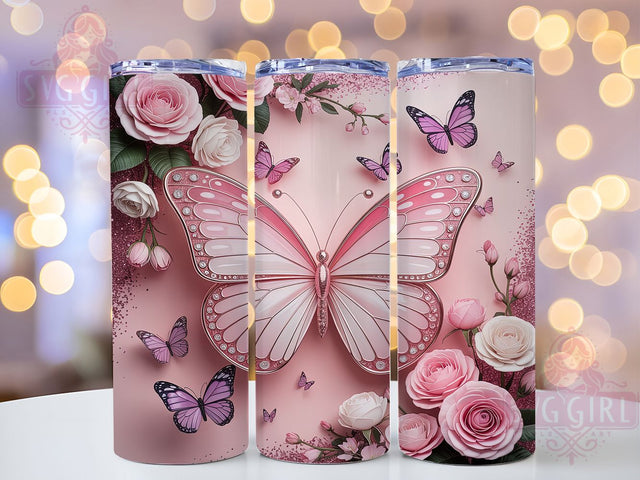 3D Butterfly Wildflower Tumbler, Pink Butterfly Tumbler, 20Oz Sublimation, 3D Floral Printable, Pink Wildflower Design, Butterfly Flower Wrap, Elegant 3D Tumbler Art Sublimation SvggirlplusArt 