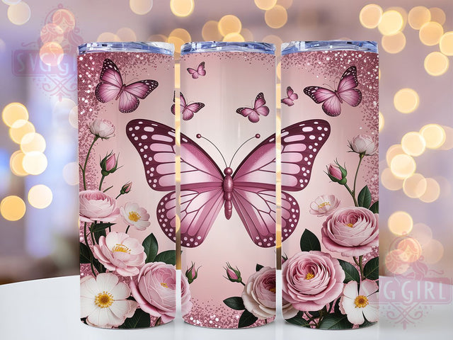 3D Butterfly Wildflower Tumbler, Pink Butterfly Tumbler, 20Oz Sublimation, 3D Floral Printable, Pink Wildflower Design, Butterfly Flower Wrap, Elegant 3D Tumbler Art Sublimation SvggirlplusArt 