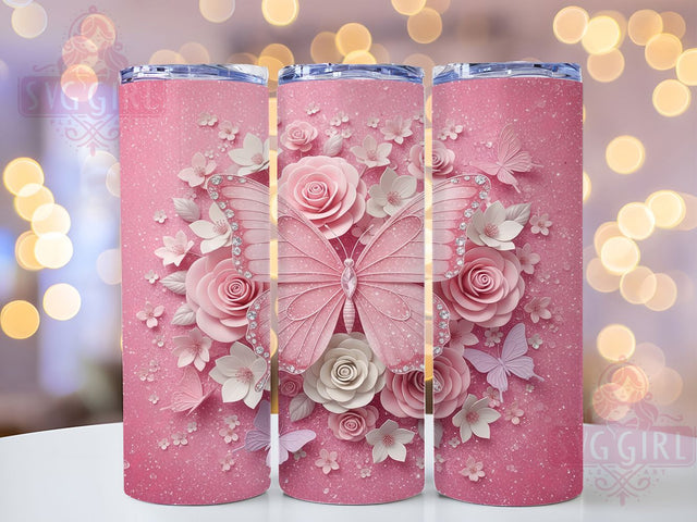 3D Butterfly Wildflower Tumbler, Pink Butterfly Tumbler, 20Oz Sublimation, 3D Floral Printable, Pink Wildflower Design, Butterfly Flower Wrap, Elegant 3D Tumbler Art Sublimation SvggirlplusArt 