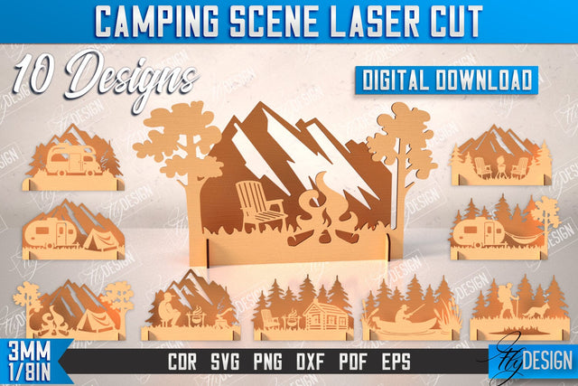 3D Camping Scene Bundle | Adventure Vibe | Hiking | Camping Signs | CNC Files SVG Fly Design 