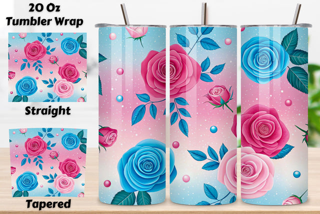 3D Candy Pop Rose Seamless Tumbler Wrap, Bright Pink and Blue Roses, seamless tumbler wrap, candy rose design, pop floral wrap, pink blue roses, watercolor candy design, 20oz skinny tumbler, tapered tumbler wrap, straight tumbler design Sublimation FloridPrintables 