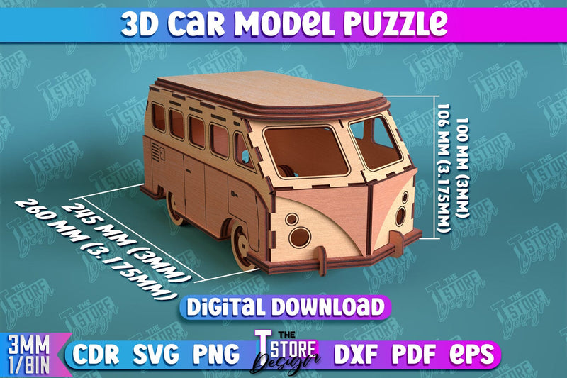 3D Car Model Puzzle | DIY Model Car | Wooden Constructor | Layout Van Model | CNC File SVG The T Store Design 