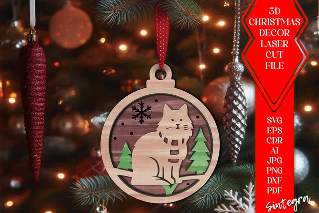3D Cat Christmas Baubles SVG – Laser Cut Ornament Files v5 SVG Sintegra 
