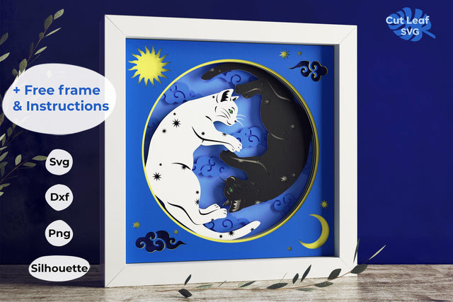 3d Cats Yin Yang Shadow Box SVG - Cats svg, Sun and moon svg, Cricut projects, Zodiac svg, Valentines day svg 3D Paper CutLeafSvg 