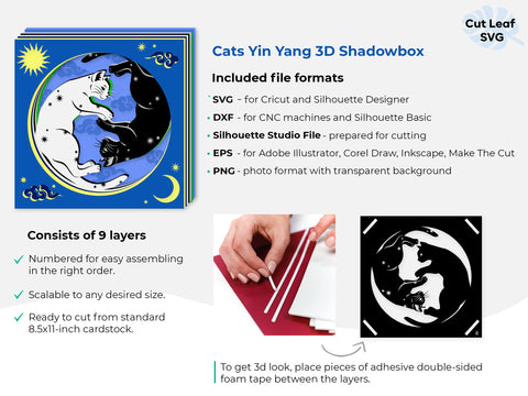 3d Cats Yin Yang Shadow Box SVG - Cats svg, Sun and moon svg, Cricut projects, Zodiac svg, Valentines day svg 3D Paper CutLeafSvg 