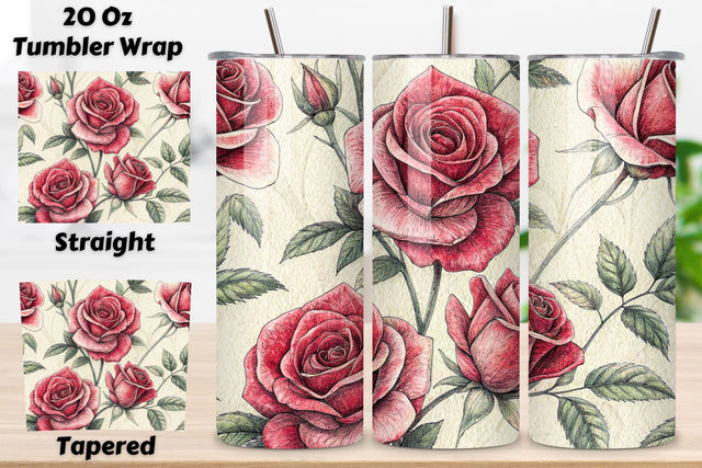 3D Charcoal Sketch Rose Seamless Tumbler Wrap – Gray Roses with Pencil Texture Sublimation FloridPrintables 
