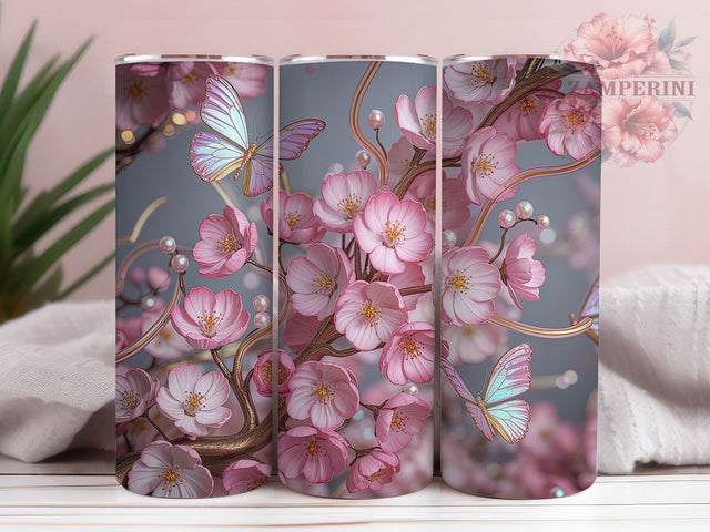 3D Cherry Blossom Butterfly Tumbler, 3D Floral Tumbler, Spring Blossom Wrap, Elegant Butterfly Wrap, Artistic Flower Wrap, Sublimation Design, Trendy Gift Idea Sublimation Li Zamperini 