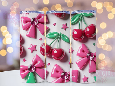 3D Cherry Bow Style 20oz Tumbler, Inflated Bow Sublimation PNG, Stylish Cherry Design, 20oz Fashion Wrap, Elegant Bow PNG, Trendy Cherry Tumbler, Cute Inflated Bow Design Sublimation SvggirlplusArt 