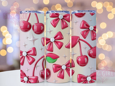 3D Cherry Bow Style 20oz Tumbler, Inflated Bow Sublimation PNG, Stylish Cherry Design, 20oz Fashion Wrap, Elegant Bow PNG, Trendy Cherry Tumbler, Cute Inflated Bow Design Sublimation SvggirlplusArt 