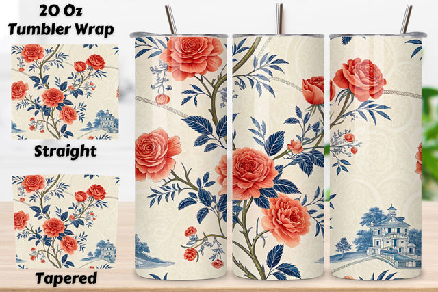 3D Chinoiserie Rose Seamless Tumbler Wrap, Coral Roses with Blue Willow Patterns, seamless tumbler wrap, chinoiserie rose design, willow floral wrap, coral blue pattern, asian rose arrangement, 20oz skinny tumbler Sublimation FloridPrintables 