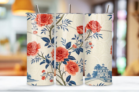 3D Chinoiserie Rose Seamless Tumbler Wrap, Coral Roses with Blue Willow Patterns, seamless tumbler wrap, chinoiserie rose design, willow floral wrap, coral blue pattern, asian rose arrangement, 20oz skinny tumbler Sublimation FloridPrintables 