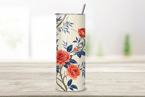 3D Chinoiserie Rose Seamless Tumbler Wrap, Coral Roses with Blue Willow Patterns, seamless tumbler wrap, chinoiserie rose design, willow floral wrap, coral blue pattern, asian rose arrangement, 20oz skinny tumbler Sublimation FloridPrintables 