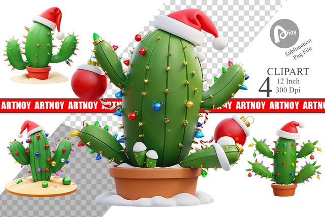 3D Christmas Cactus Clipart Sublimation artnoy 