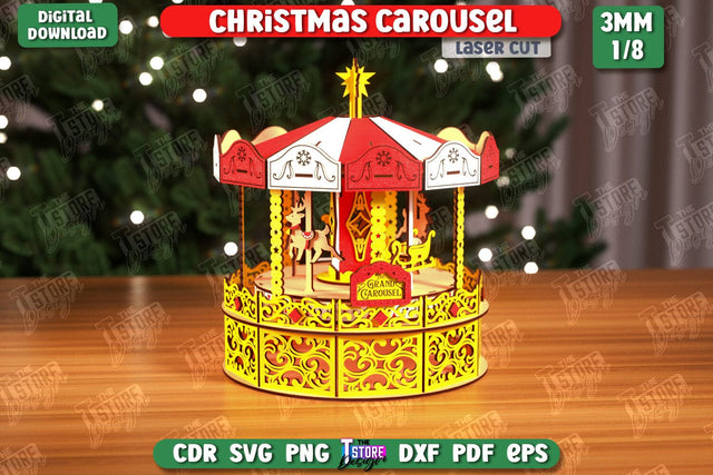 3D Christmas Carousel Laser Cut Design, Christmas Decoration SVG,Wooden Xmas Carousel SVG, Merry Go Round Model, Shelf Sitter SVG, Merry Christmas SVG SVG The T Store Design 
