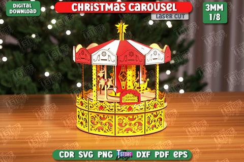 3D Christmas Carousel Laser Cut Design, Christmas Decoration SVG,Wooden Xmas Carousel SVG, Merry Go Round Model, Shelf Sitter SVG, Merry Christmas SVG SVG The T Store Design 