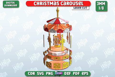 3D Christmas Carousel Laser Cut Design, Christmas Decoration SVG,Wooden Xmas Carousel SVG, Merry Go Round Model, Shelf Sitter SVG, Merry Christmas SVG SVG The T Store Design 