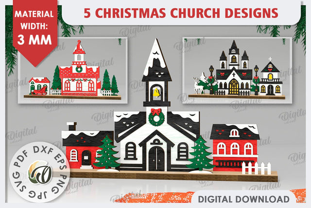 3D Christmas Churches Laser Cut Bundle. Wooden Churches SVG SVG Evgenyia Guschina 