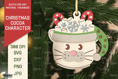 3D Christmas cocoa cat Laser Cut. Xmas tree Ornament SVG SVG Evgenyia Guschina 