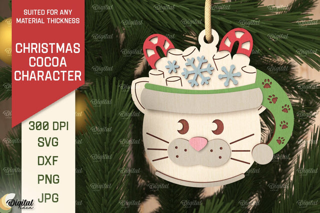 3D Christmas cocoa cat Laser Cut. Xmas tree Ornament SVG SVG Evgenyia Guschina 