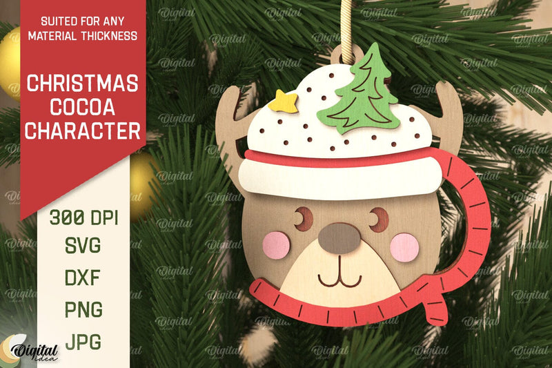 3D Christmas cocoa reindeer LaserCut. Xmas tree Ornament SVG SVG Evgenyia Guschina 