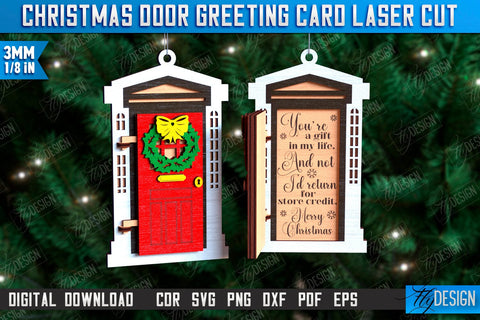 3D Christmas Doors Greeting Cards Laser Cut Bundle, Wooden Christmas Door Ornament SVG, Christmas Tree Toy Decorations, Personalized Greeting Card SVG Fly Design 