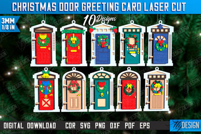 3D Christmas Doors Greeting Cards Laser Cut Bundle, Wooden Christmas Door Ornament SVG, Christmas Tree Toy Decorations, Personalized Greeting Card SVG Fly Design 