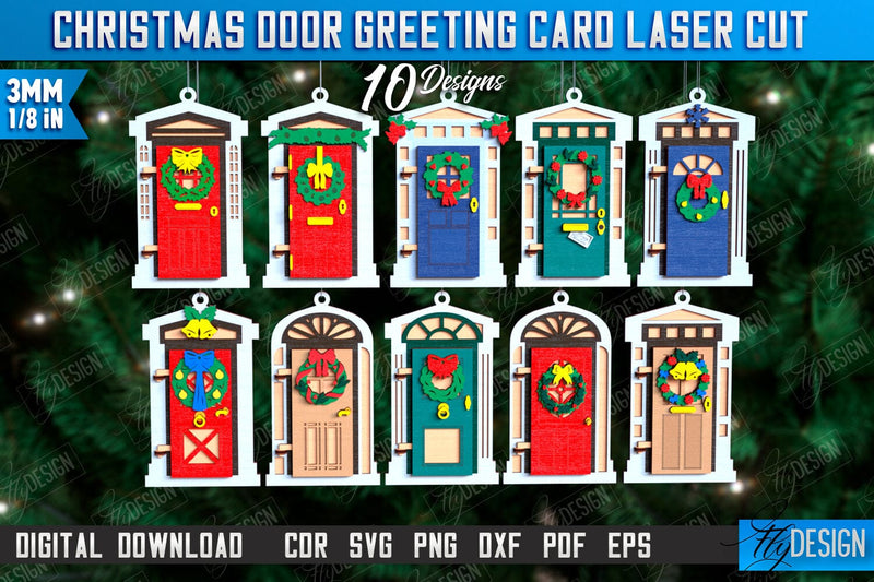 3D Christmas Doors Greeting Cards Laser Cut Bundle, Wooden Christmas Door Ornament SVG, Christmas Tree Toy Decorations, Personalized Greeting Card SVG Fly Design 