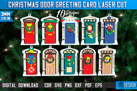 3D Christmas Doors Greeting Cards Laser Cut Bundle, Wooden Christmas Door Ornament SVG, Christmas Tree Toy Decorations, Personalized Greeting Card SVG Fly Design 