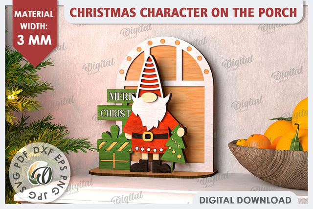 3D Christmas Gnome on the Porch Laser Cut. Christmas Decor SVG Evgenyia Guschina 