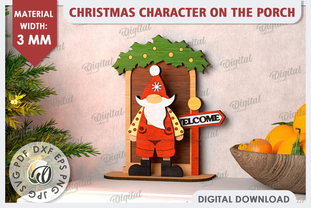 3D Christmas Gnome on the Porch Laser Cut. Christmas Decor SVG Evgenyia Guschina 