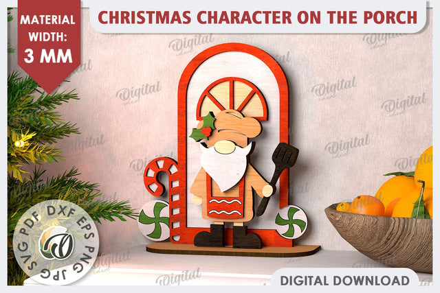 3D Christmas Gnome on the Porch Laser Cut. Christmas Decor SVG Evgenyia Guschina 
