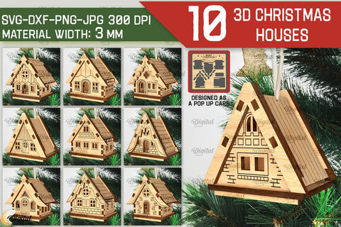 3D Christmas Houses Laser Cut Bundle. XMas Pop Up Cards SVG SVG Evgenyia Guschina 