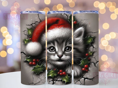 3D Christmas Kitten Tumbler, 3D Design, Cracked Hole, Christmas Wrap, Holiday Cat, 20oz Tumbler, Sublimation Print Sublimation SvggirlplusArt 
