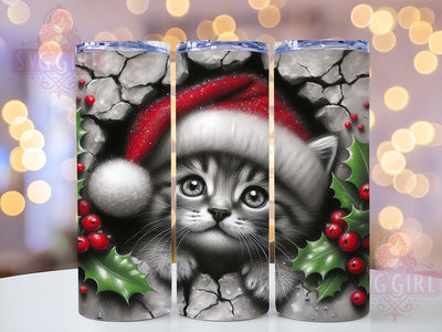 3D Christmas Kitten Tumbler, 3D Design, Cracked Hole, Christmas Wrap, Holiday Cat, 20oz Tumbler, Sublimation Print Sublimation SvggirlplusArt 