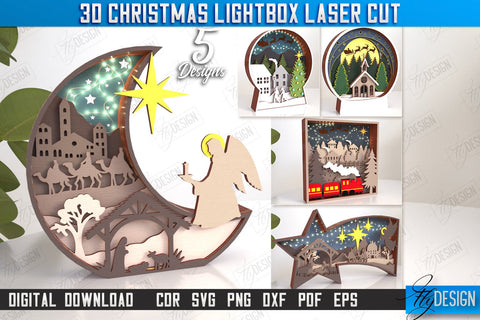3D Christmas Lightbox Laser Cut Bundle | Christmas Scene | Christmas Lantern | 3D Lightbox | Christmas Decorations | Holiday | CNC Files SVG Fly Design 