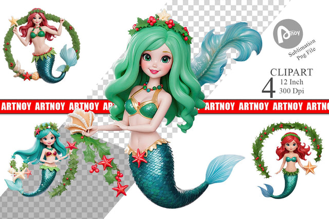 3D Christmas Mermaid Clipart Sublimation artnoy 