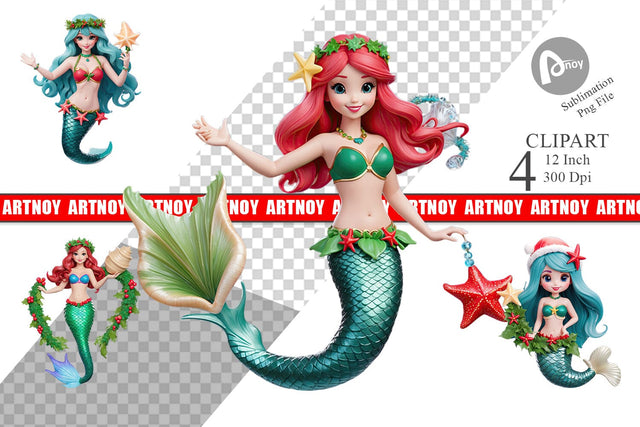 3D Christmas Mermaid Clipart Sublimation artnoy 
